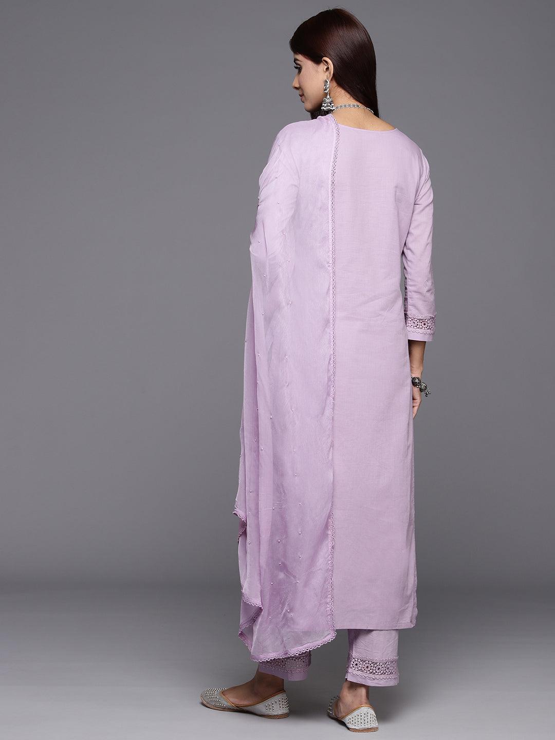 Lavender Embroidered Cotton Suit Set With Trousers