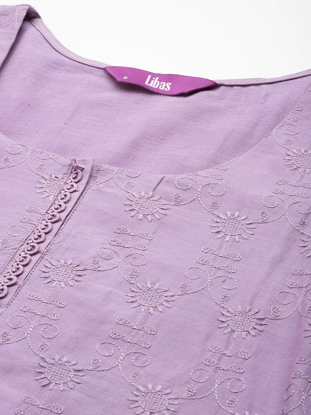 Lavender Embroidered Cotton Suit Set With Trousers