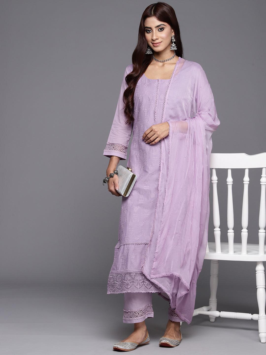 Lavender Embroidered Cotton Suit Set With Trousers