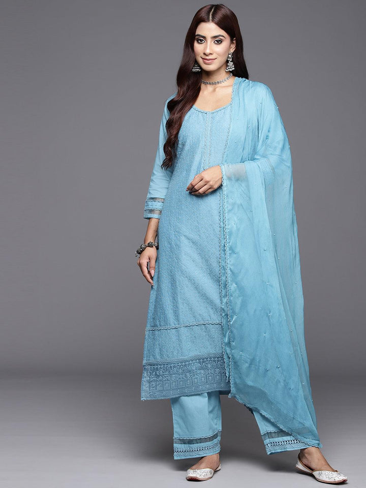 Blue Embroidered Cotton Straight Kurta With Trousers & Dupatta - ShopLibas