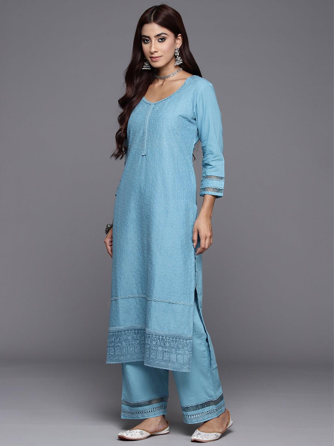 Blue Embroidered Cotton Straight Kurta With Trousers & Dupatta - ShopLibas