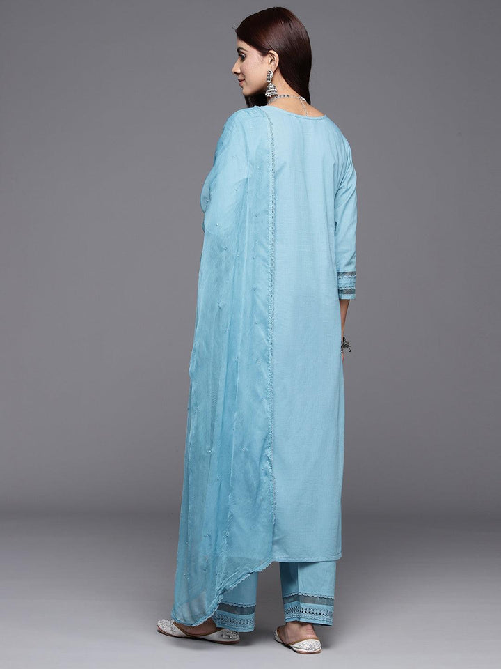 Blue Embroidered Cotton Straight Kurta With Trousers & Dupatta - ShopLibas