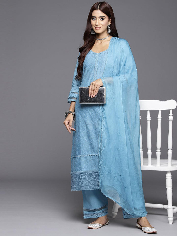 Blue Embroidered Cotton Straight Kurta With Trousers & Dupatta - ShopLibas