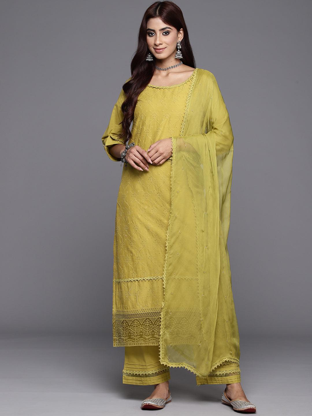 Green Embroidered Cotton Suit Set With Trousers