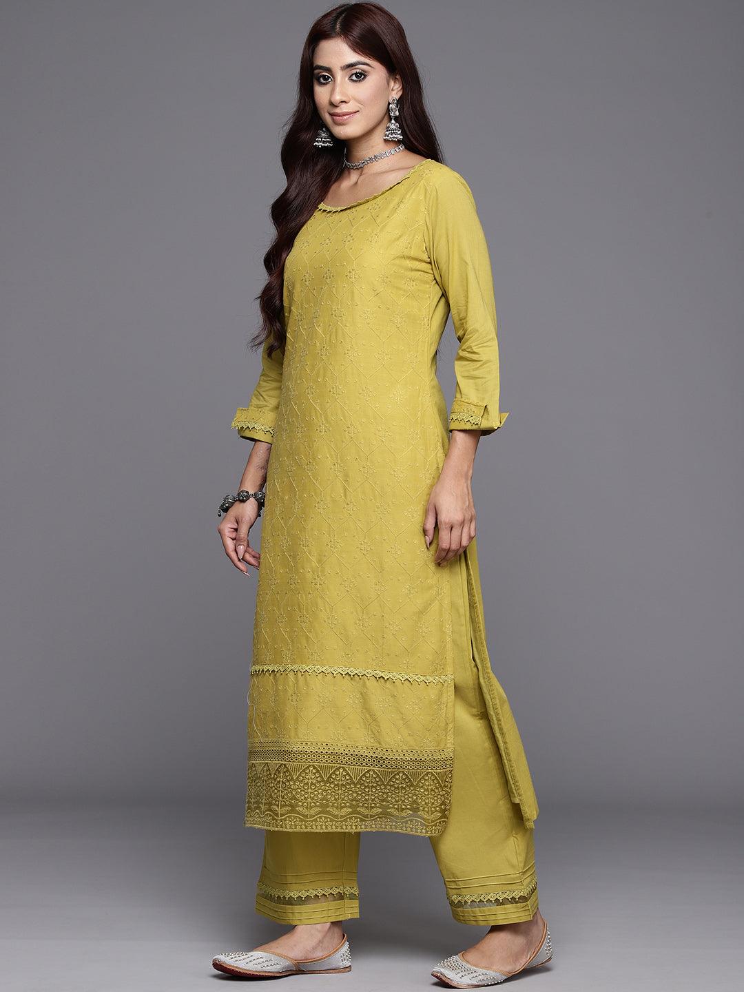 Green Embroidered Cotton Suit Set With Trousers