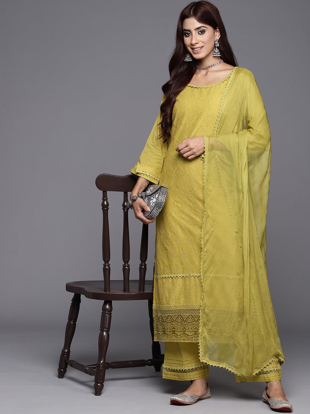 Green Embroidered Cotton Suit Set With Trousers