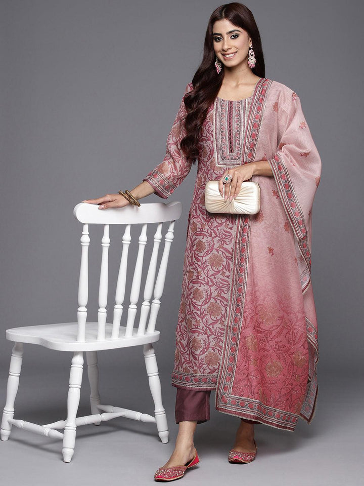 Mauve Yoke Design Silk Blend Straight Kurta With Trousers & Dupatta - ShopLibas