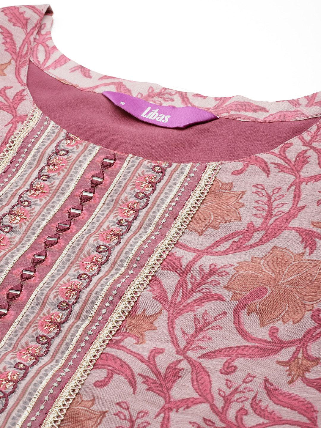 Mauve Yoke Design Silk Blend Straight Kurta With Trousers & Dupatta - ShopLibas