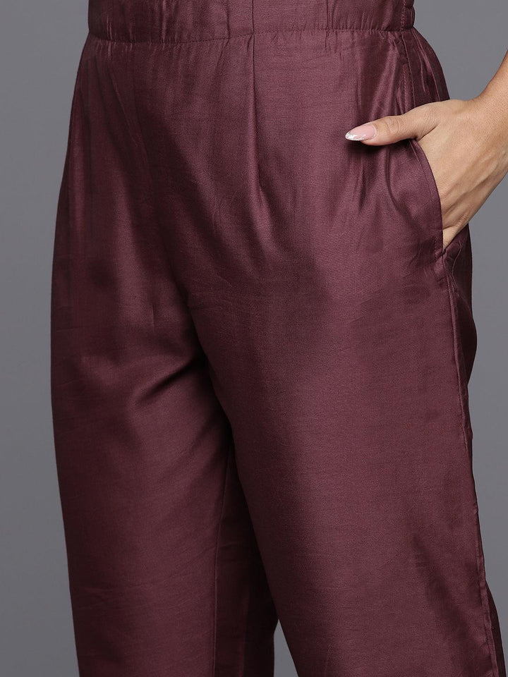 Mauve Yoke Design Silk Blend Straight Kurta With Trousers & Dupatta - ShopLibas