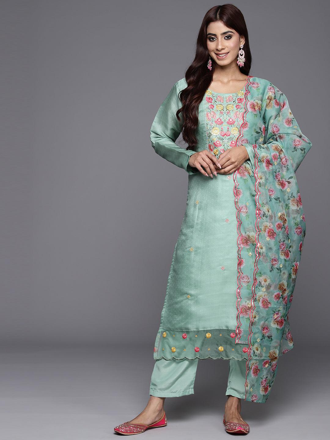 Green Yoke Design Silk Blend Straight Kurta With Trousers & Dupatta - ShopLibas