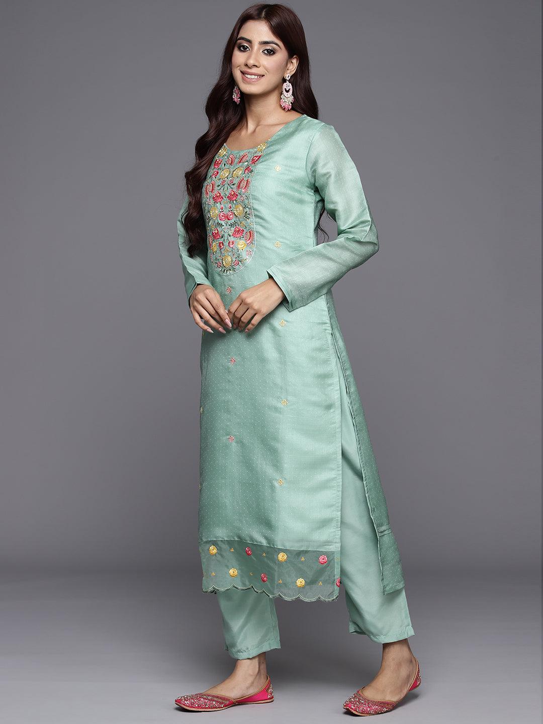 Green Yoke Design Silk Blend Straight Kurta With Trousers & Dupatta - ShopLibas