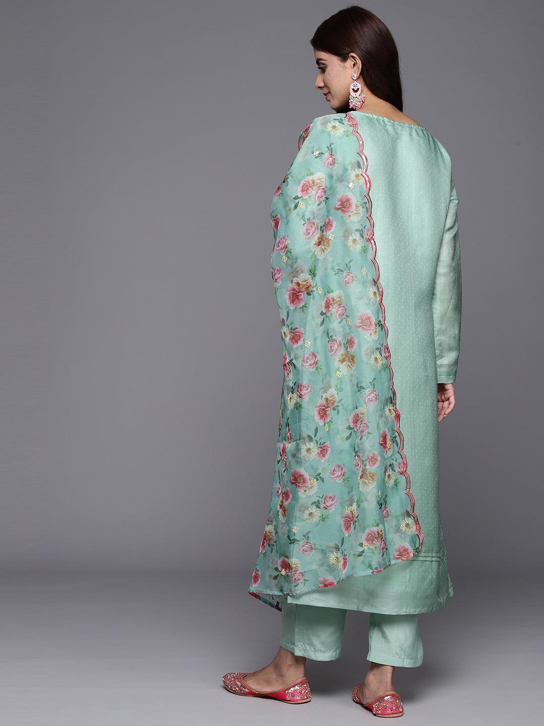 Green Yoke Design Silk Blend Straight Kurta With Trousers & Dupatta - ShopLibas