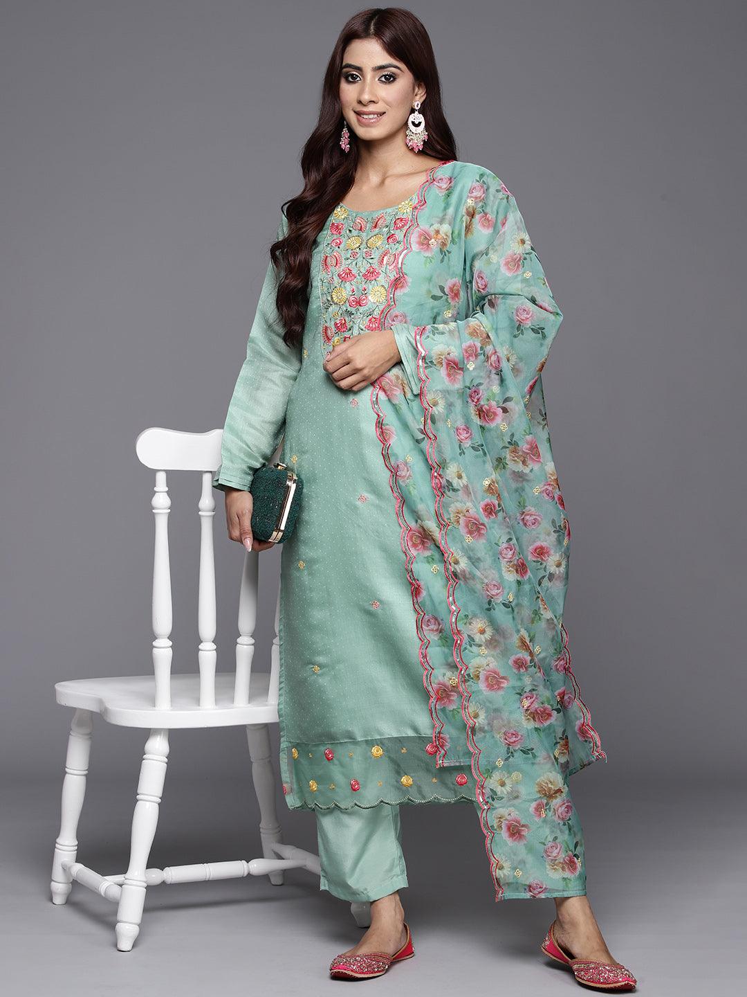 Green Yoke Design Silk Blend Straight Kurta With Trousers & Dupatta - ShopLibas