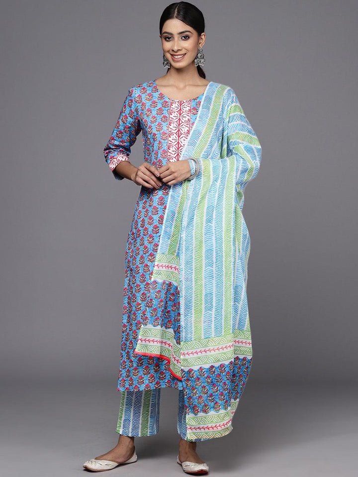 Blue Printed Cotton Straight Kurta With Trousers & Dupatta - ShopLibas