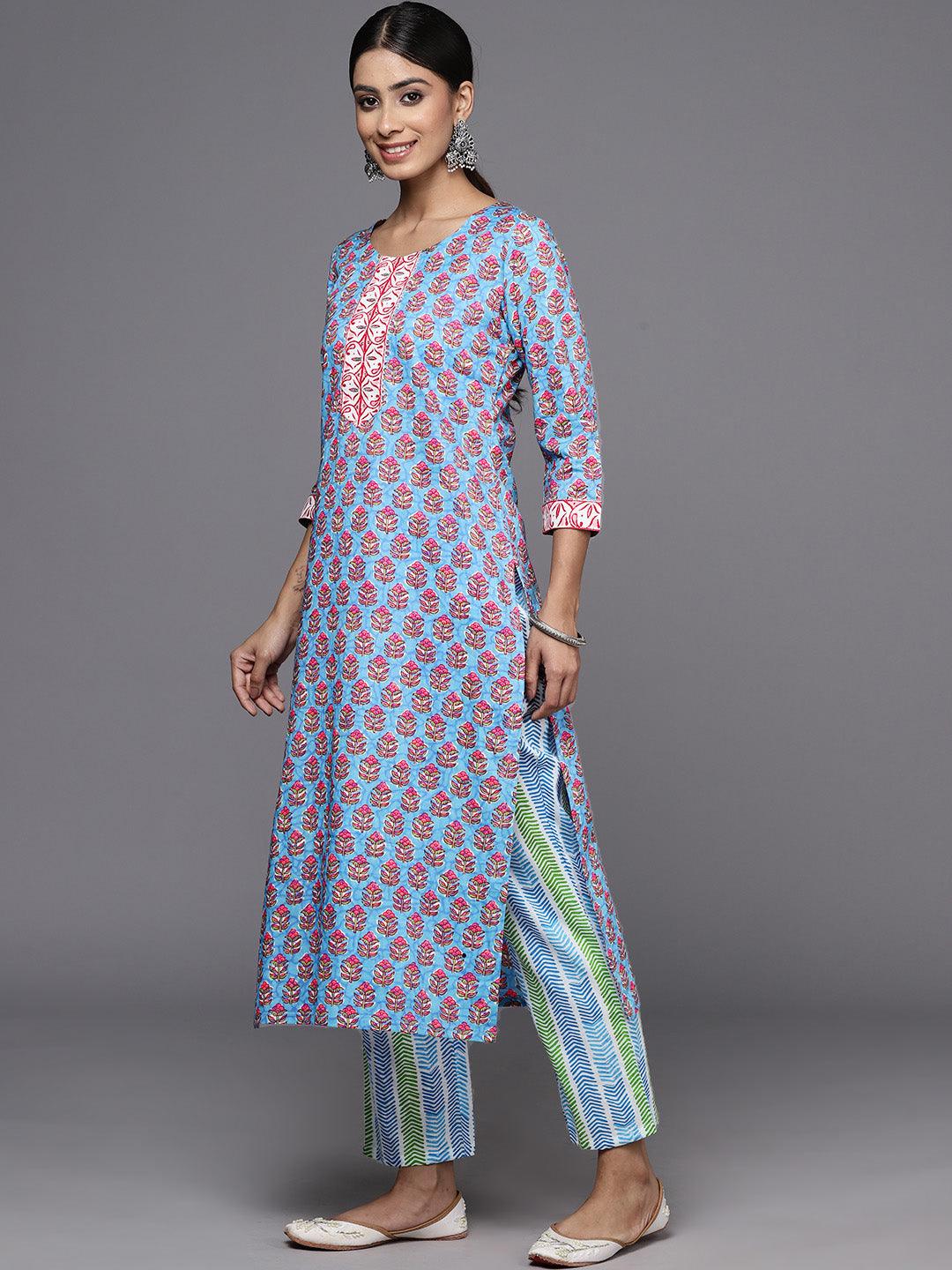 Blue Printed Cotton Straight Kurta With Trousers & Dupatta - ShopLibas