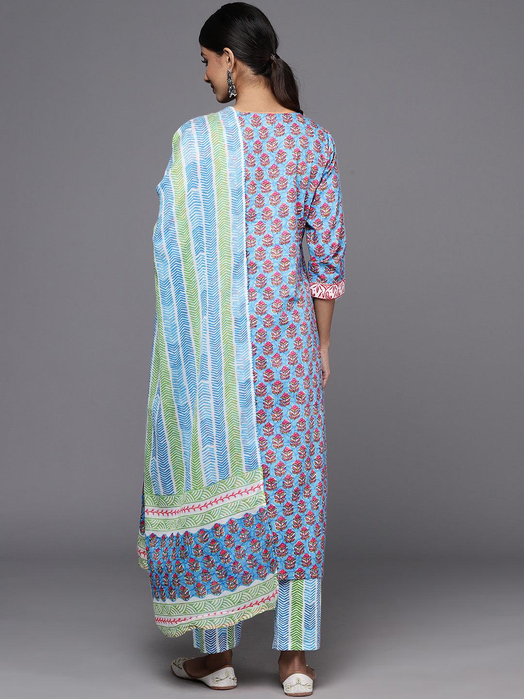 Blue Printed Cotton Straight Kurta With Trousers & Dupatta - ShopLibas