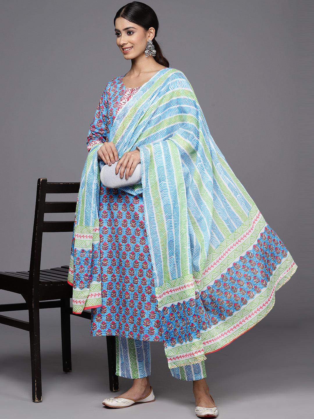 Blue Printed Cotton Straight Kurta With Trousers & Dupatta - ShopLibas