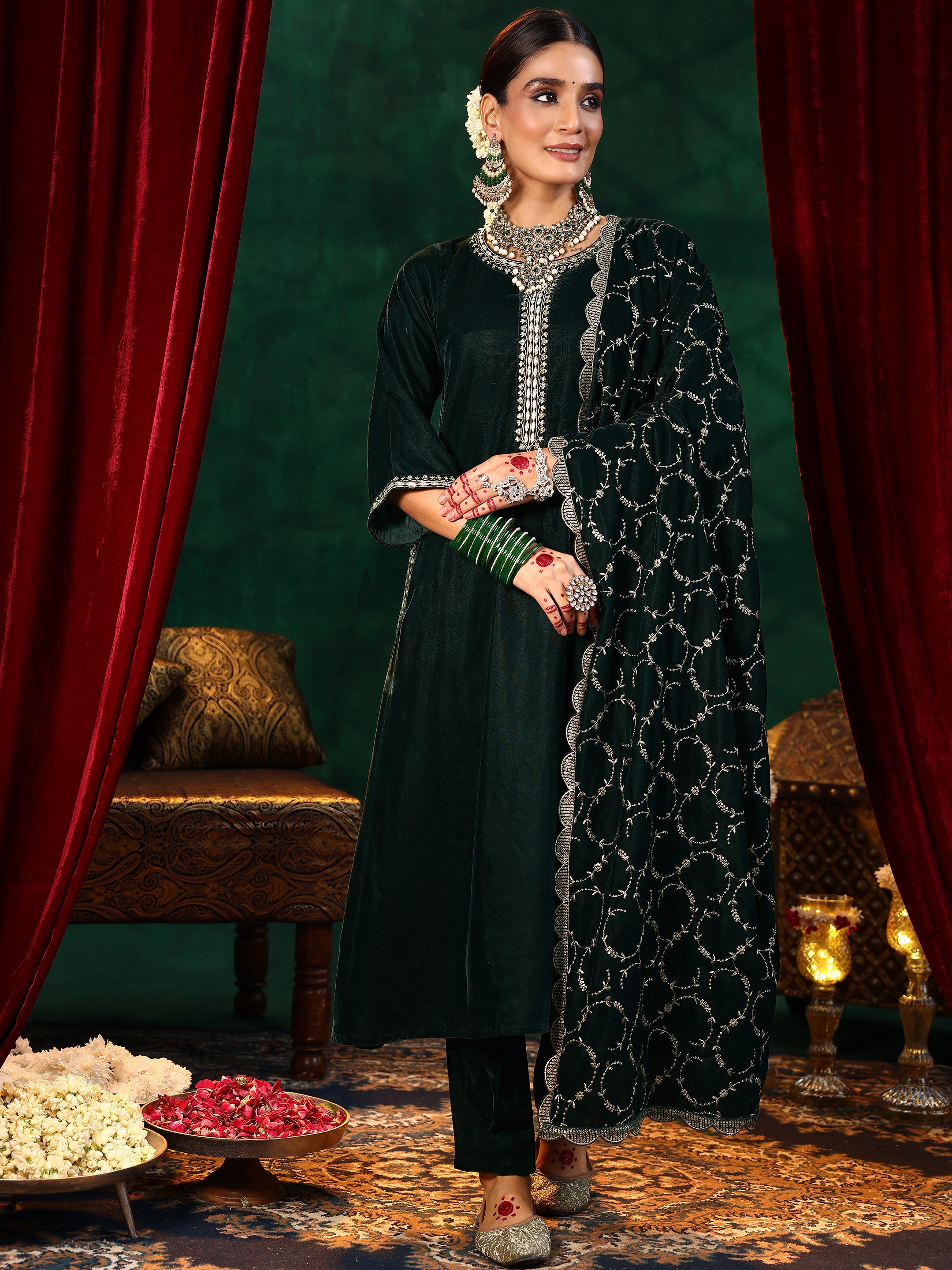 Green Yoke Design Velvet Straight Suit With Dupatta