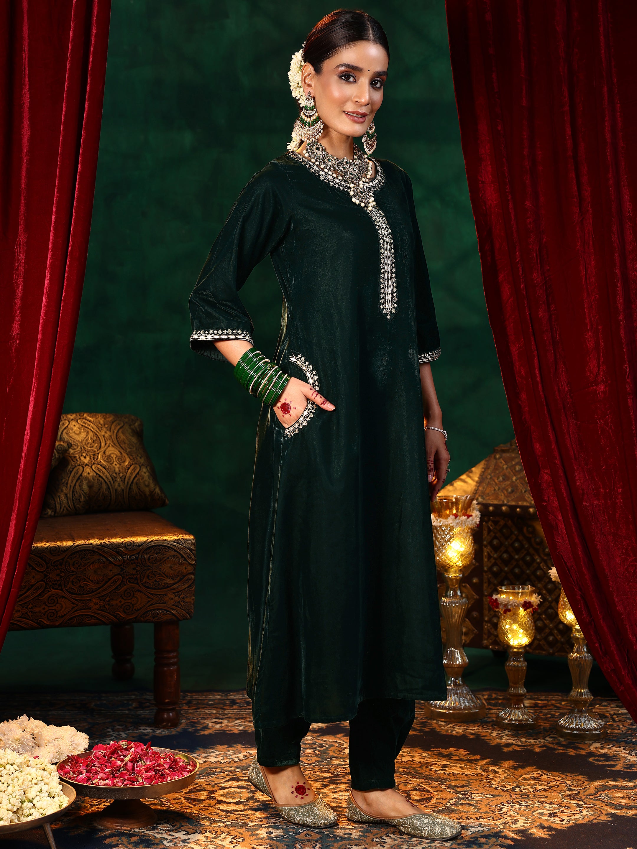 Green Yoke Design Velvet Straight Suit With Dupatta