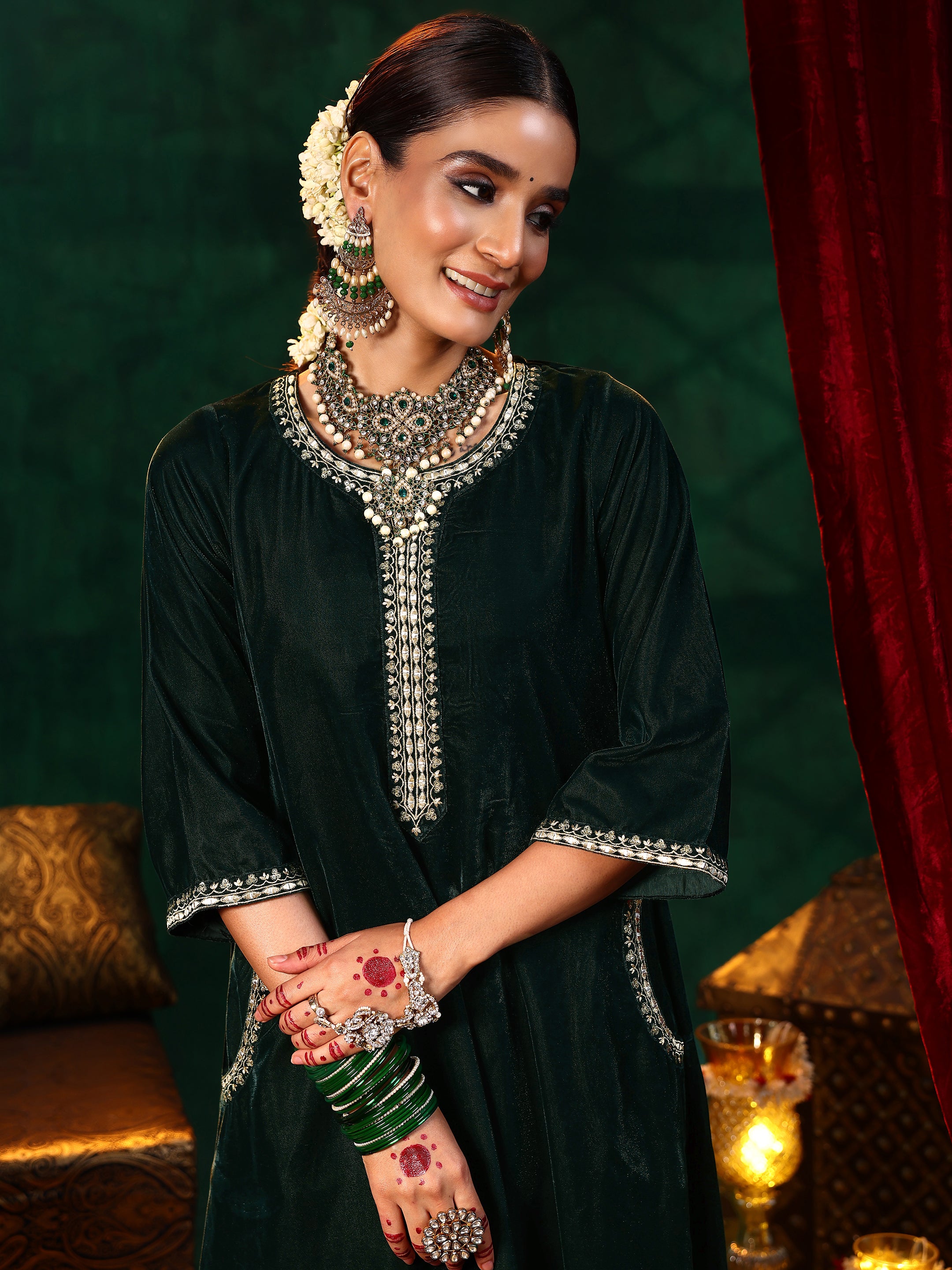 Green Yoke Design Velvet Straight Suit With Dupatta