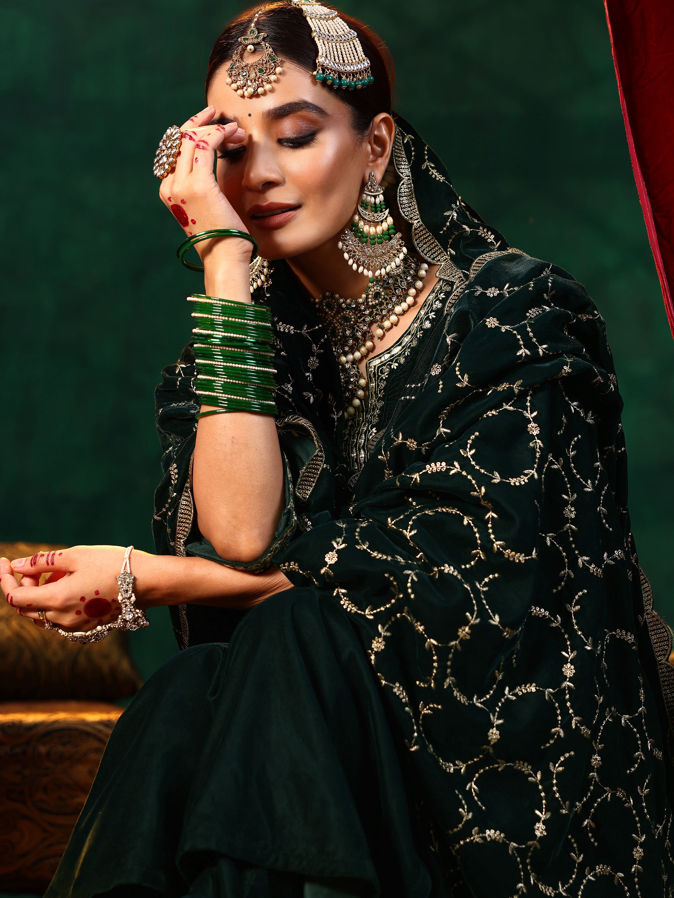 Green Yoke Design Velvet Straight Suit With Dupatta