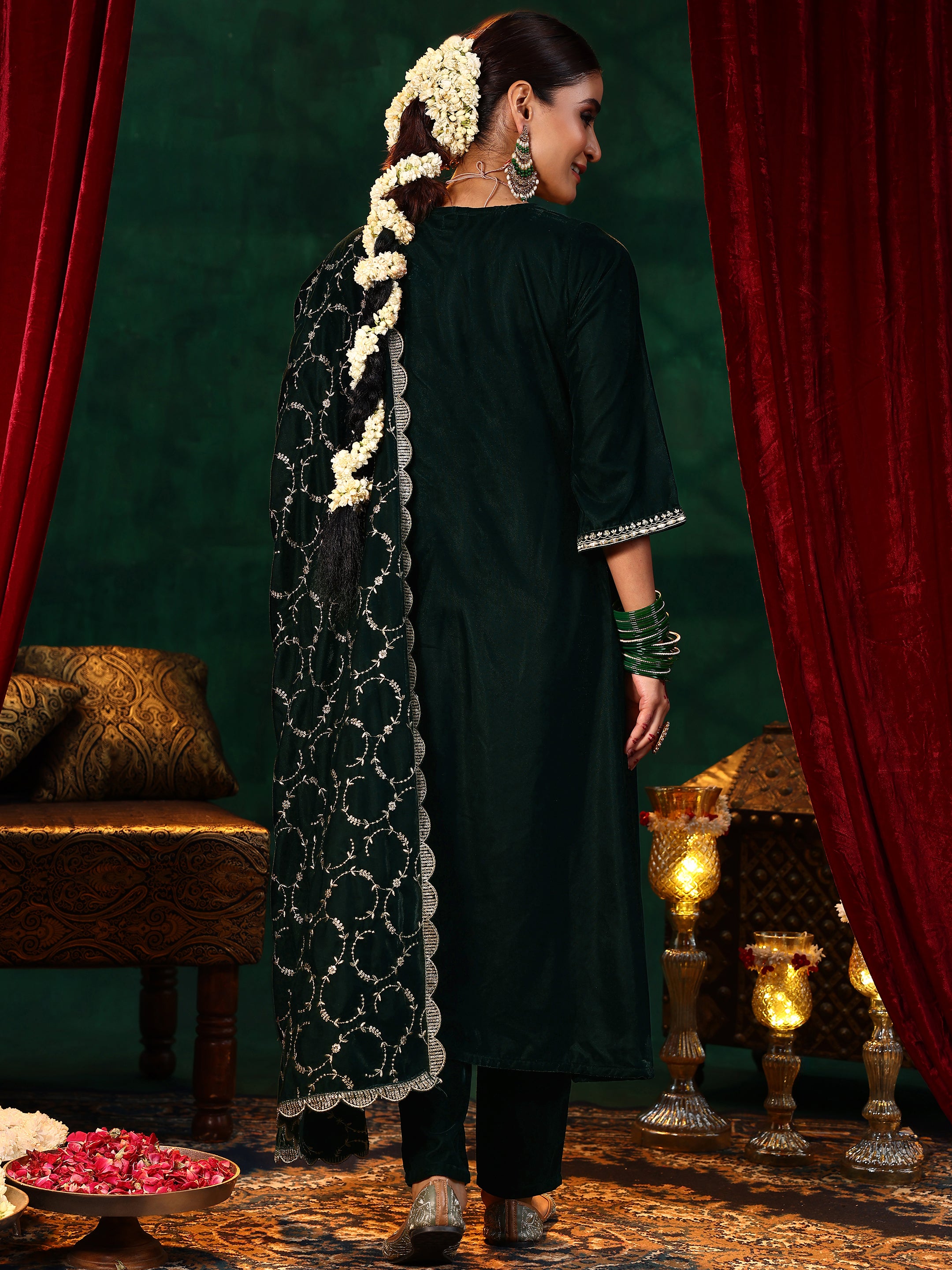 Green Yoke Design Velvet Straight Suit With Dupatta