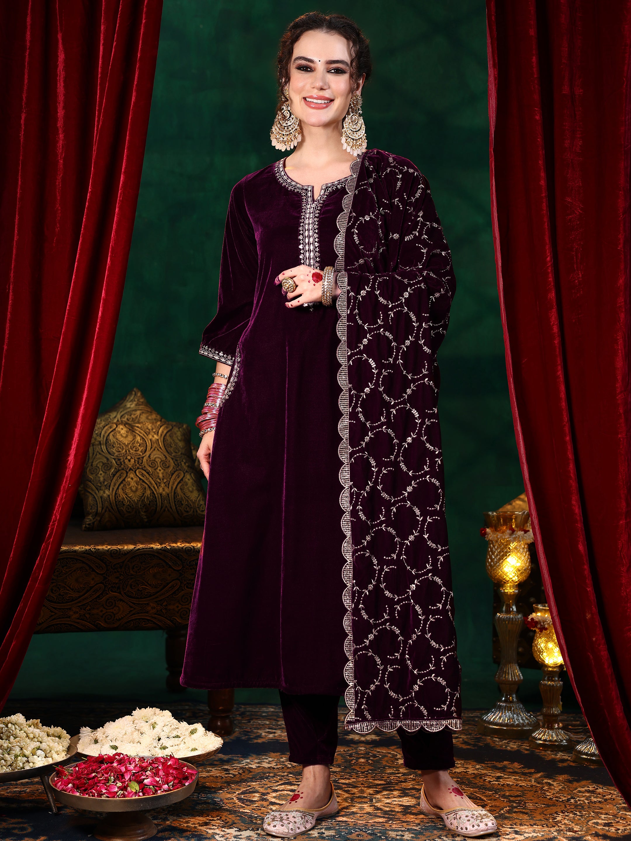 Burgundy Yoke Design Velvet Straight Suit With Dupatta