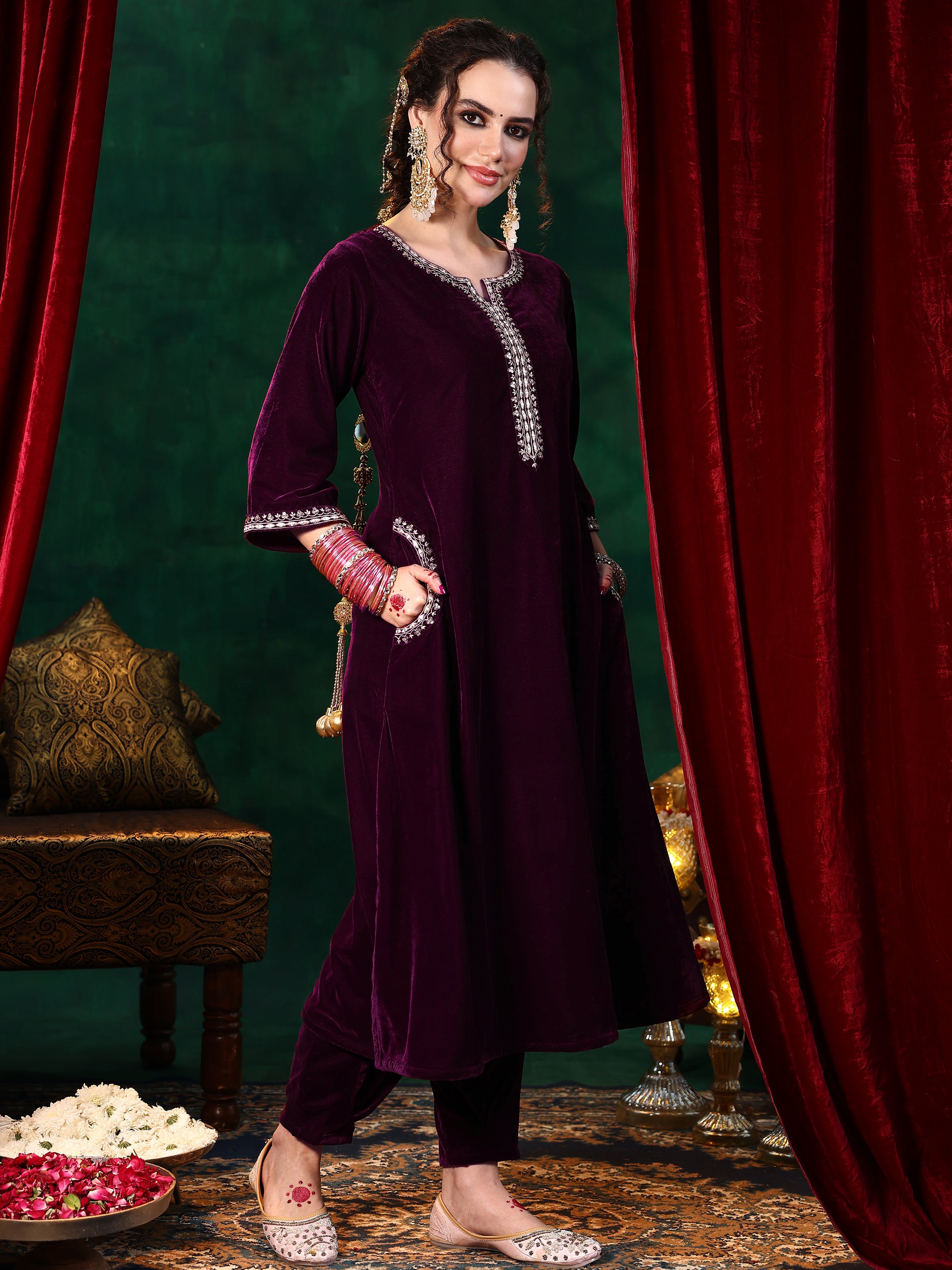 Burgundy Yoke Design Velvet Straight Suit With Dupatta