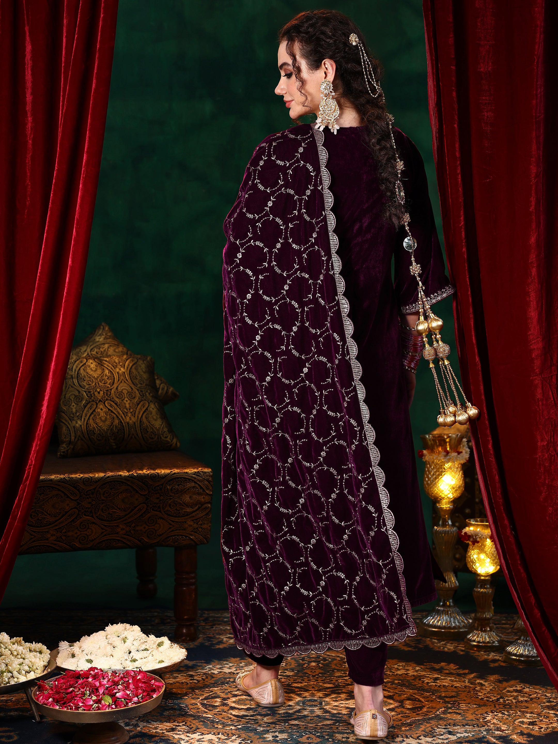 Burgundy Yoke Design Velvet Straight Suit With Dupatta