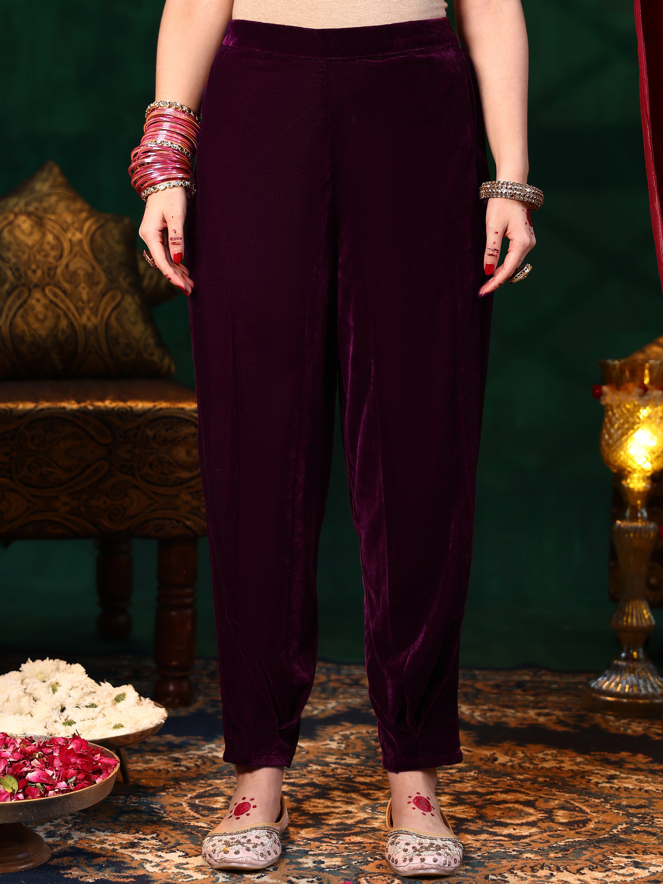 Burgundy Yoke Design Velvet Straight Suit With Dupatta