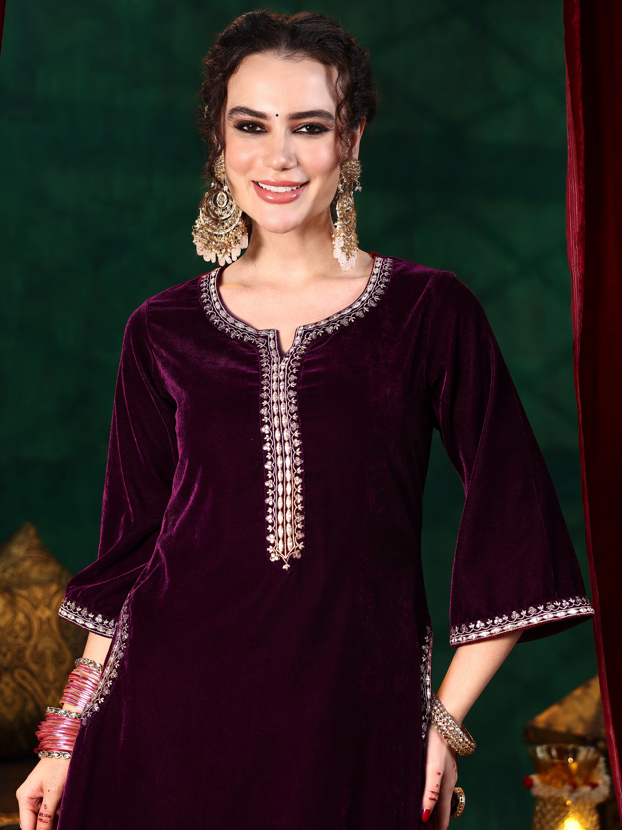 Burgundy Yoke Design Velvet Straight Suit With Dupatta