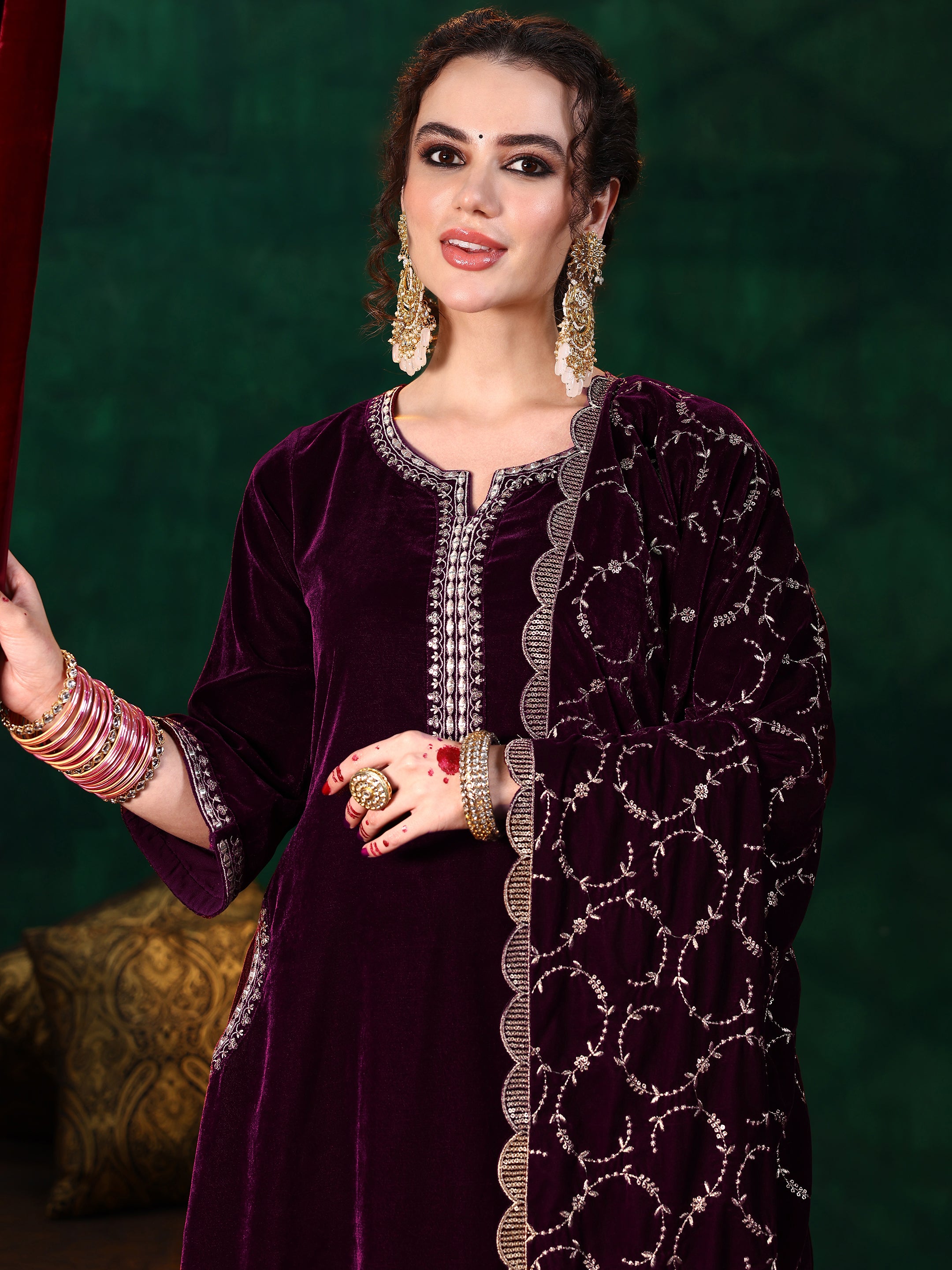 Burgundy Yoke Design Velvet Straight Suit With Dupatta