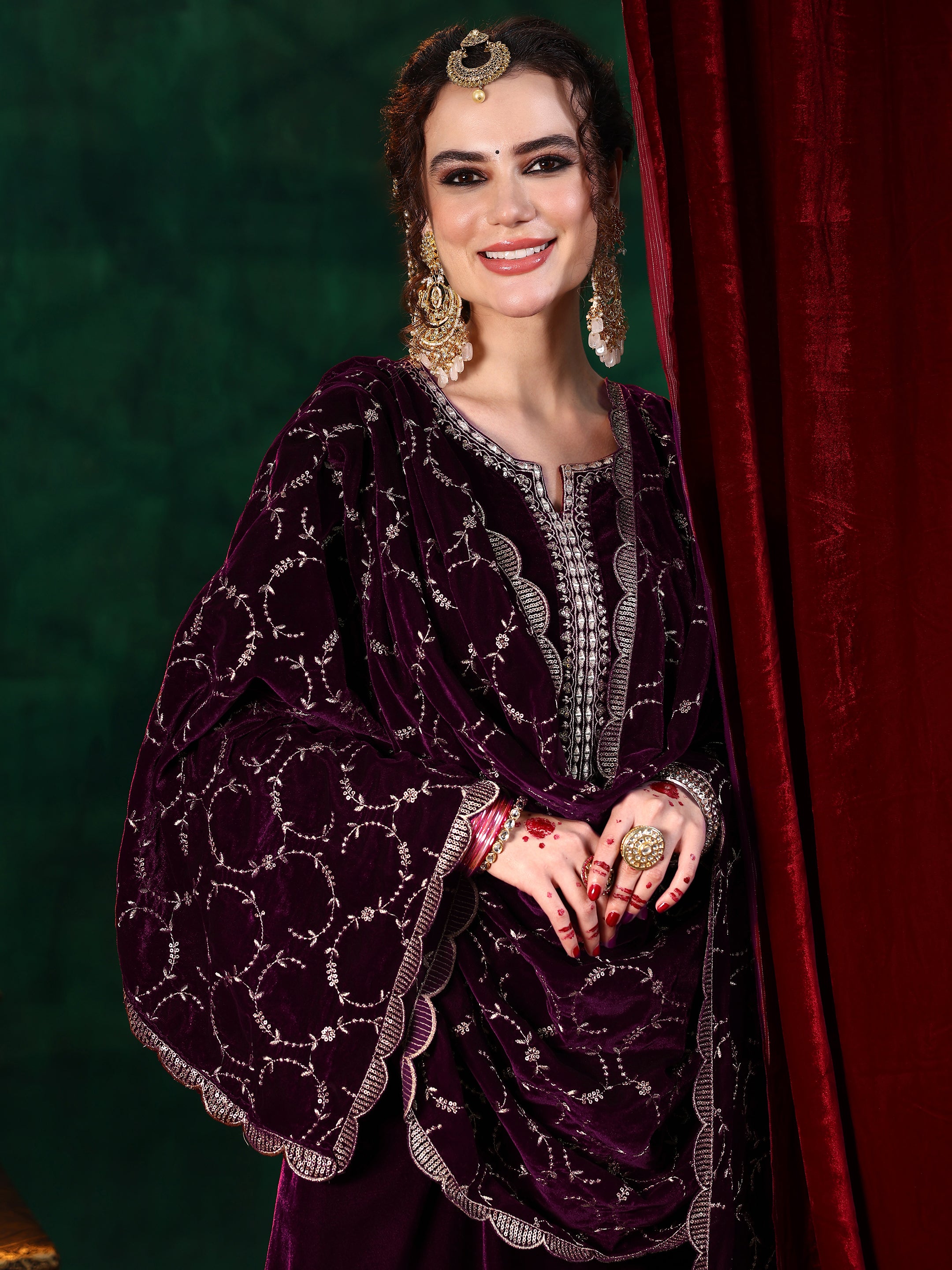 Burgundy Yoke Design Velvet Straight Suit With Dupatta