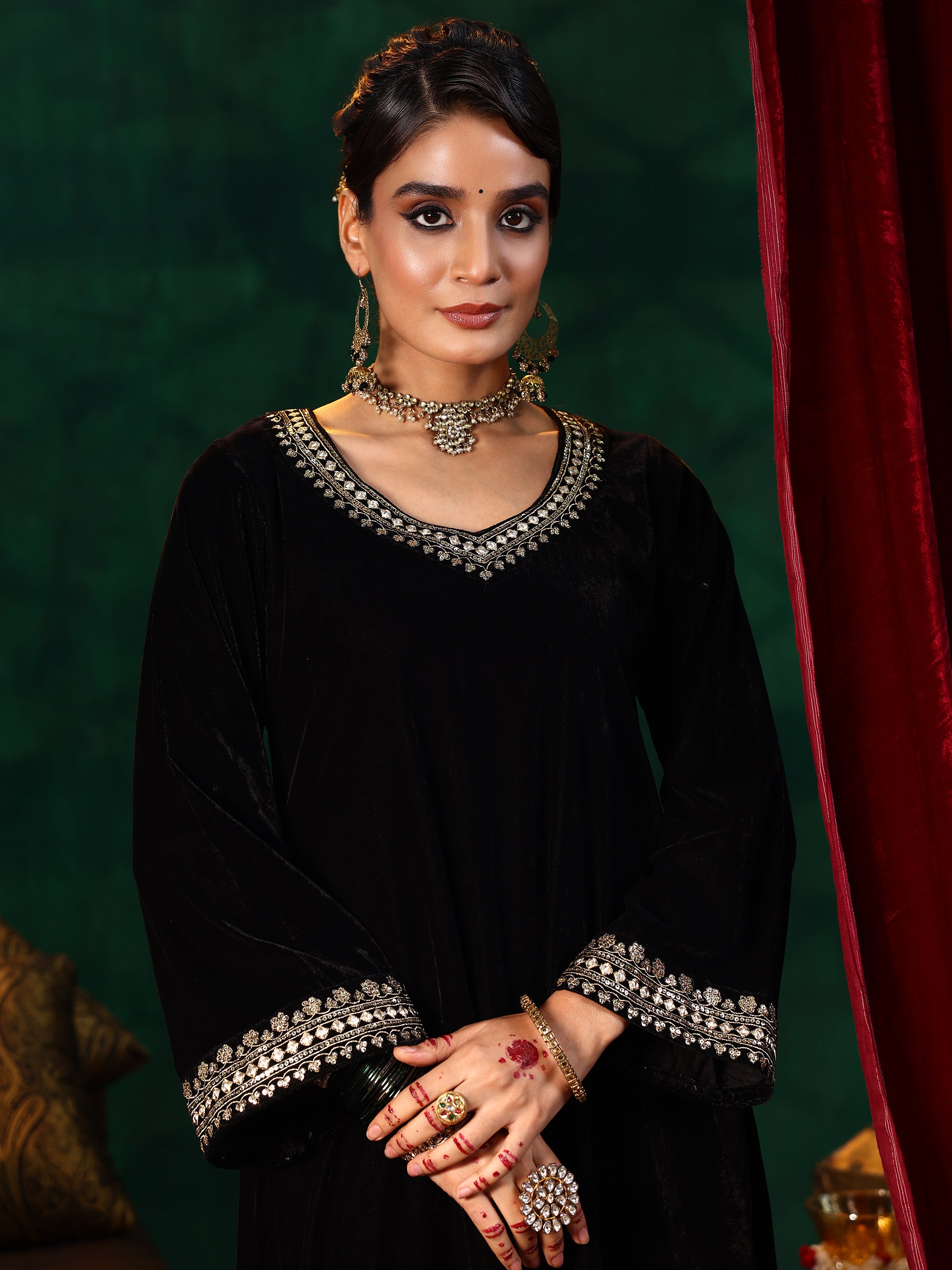 Black Yoke Design Velvet Straight Suit With Dupatta