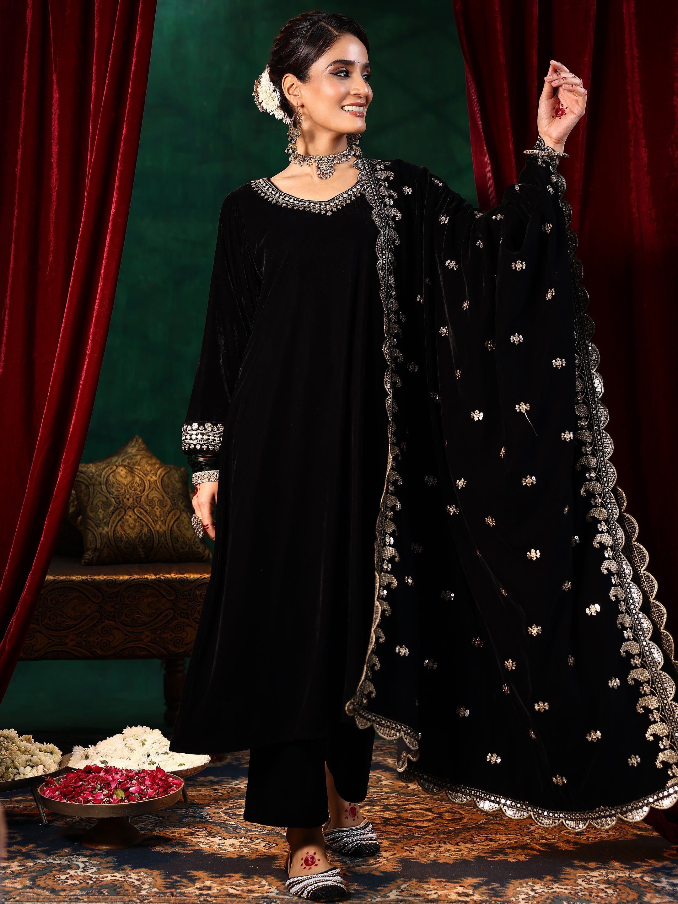 Black Yoke Design Velvet Straight Suit With Dupatta