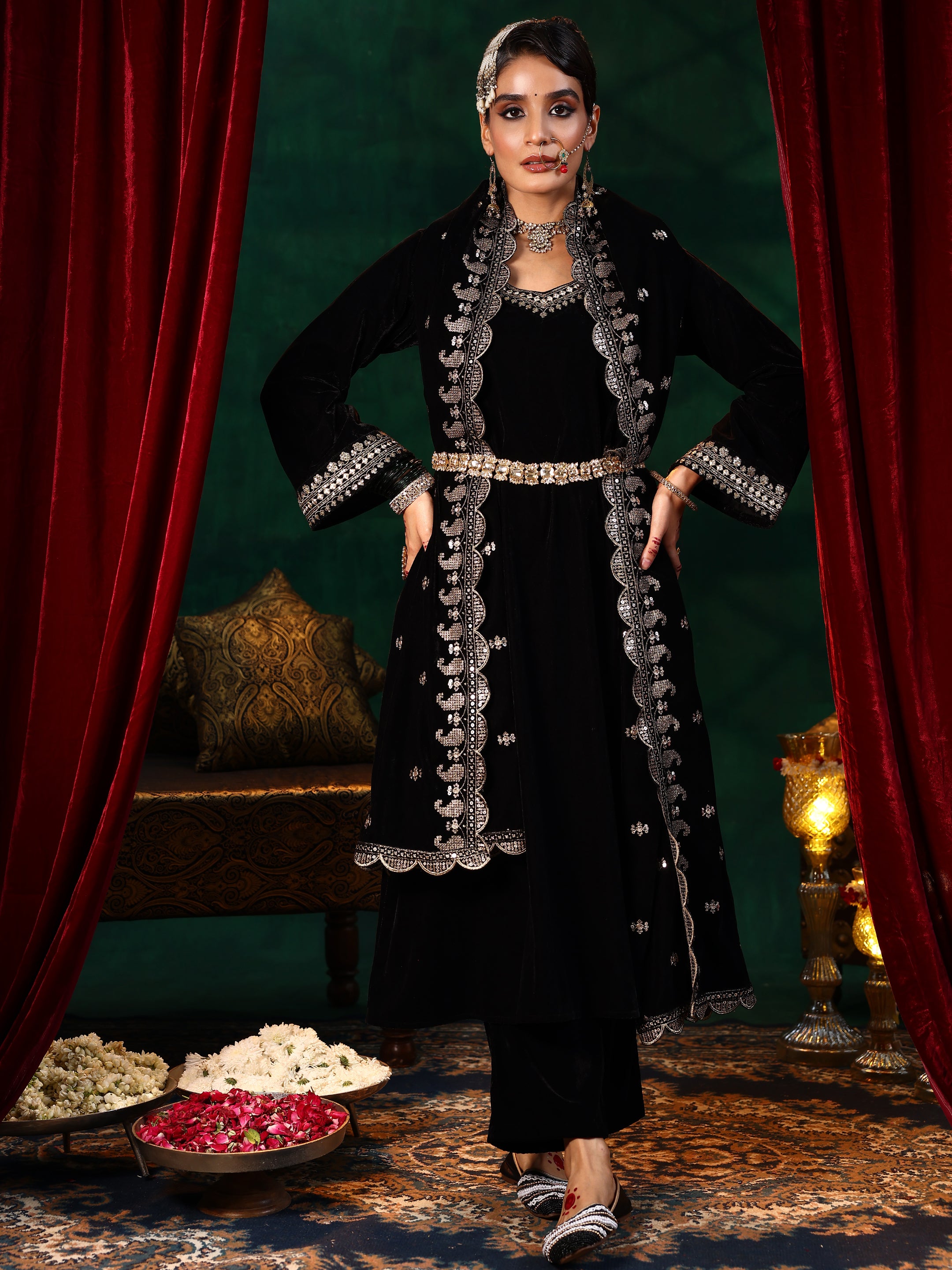 Black Yoke Design Velvet Straight Suit With Dupatta