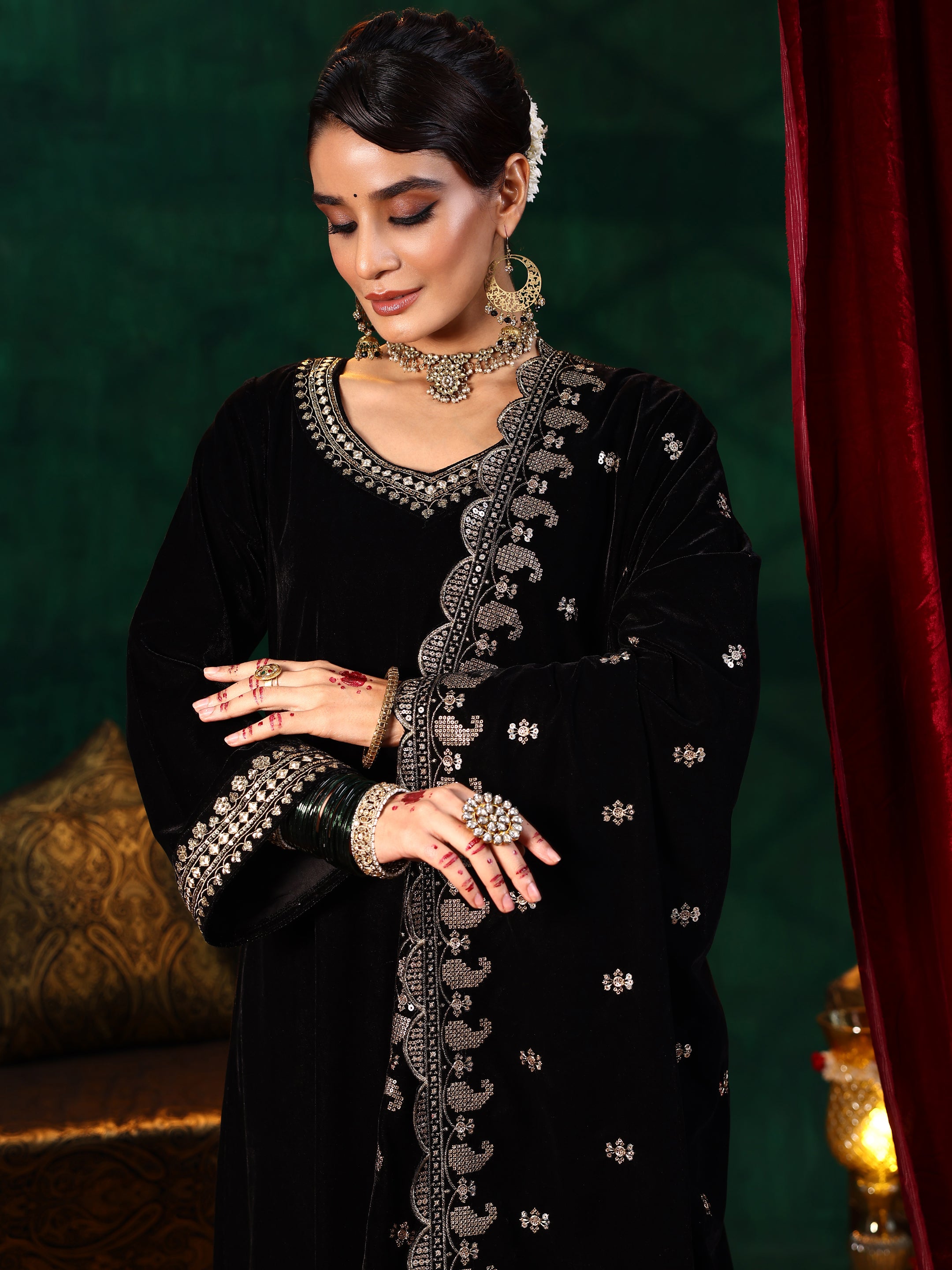 Black Yoke Design Velvet Straight Suit With Dupatta