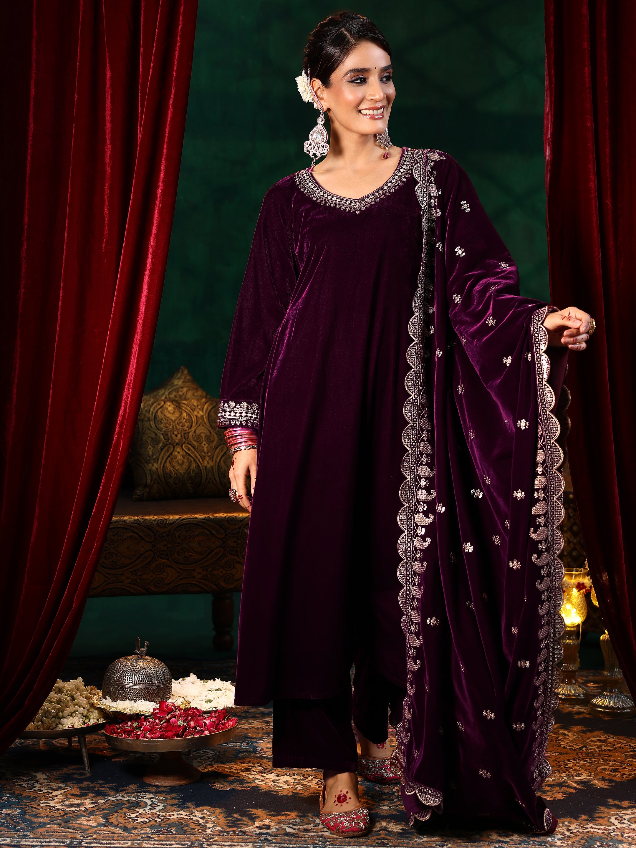 Burgundy Yoke Design Velvet Straight Suit With Dupatta