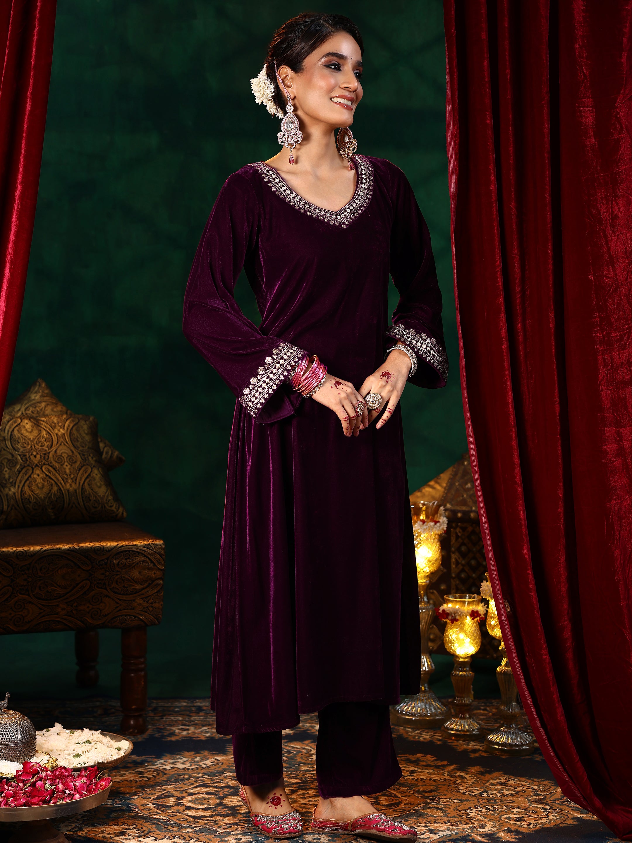 Burgundy Yoke Design Velvet Straight Suit With Dupatta