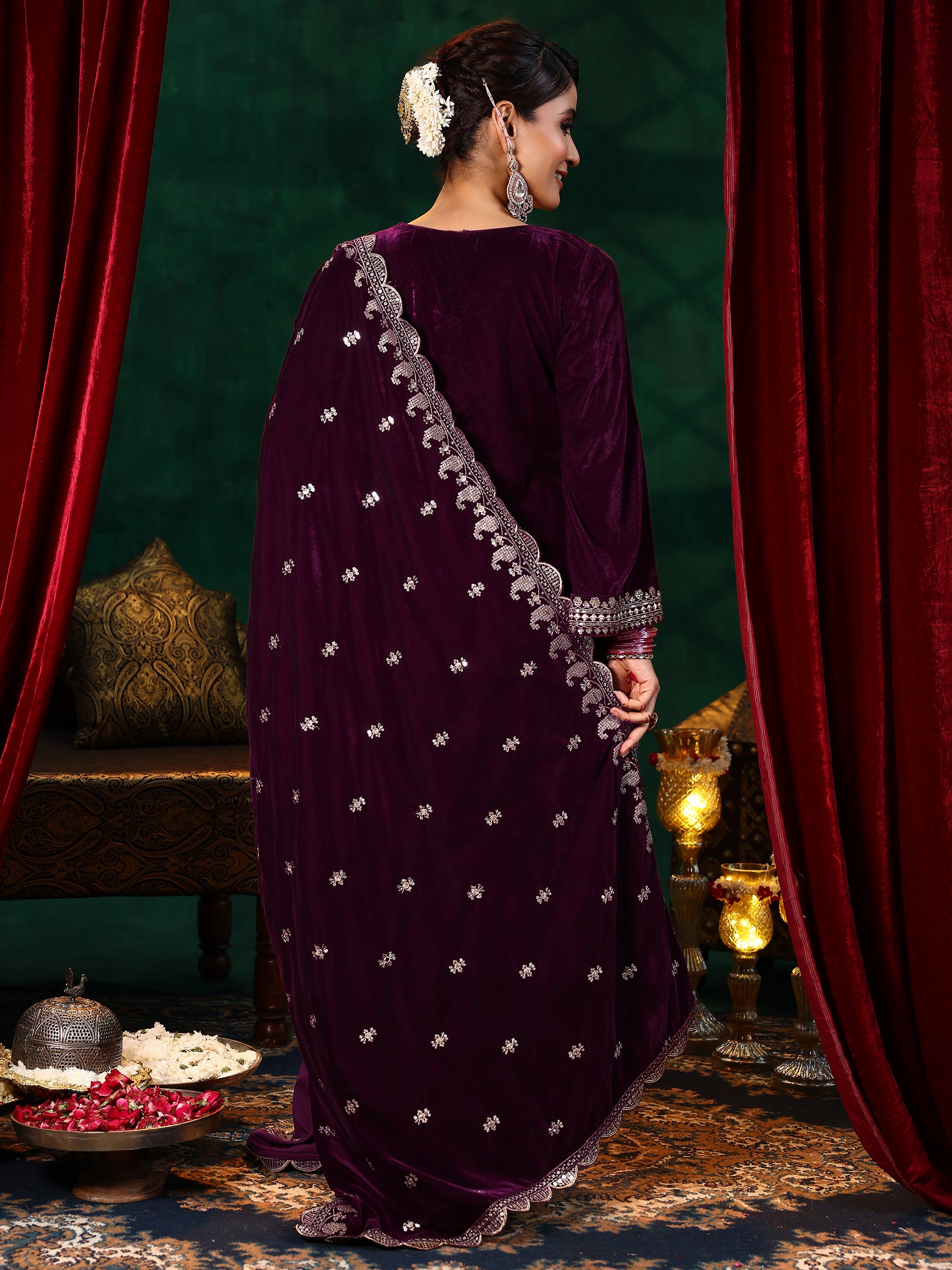 Burgundy Yoke Design Velvet Straight Suit With Dupatta