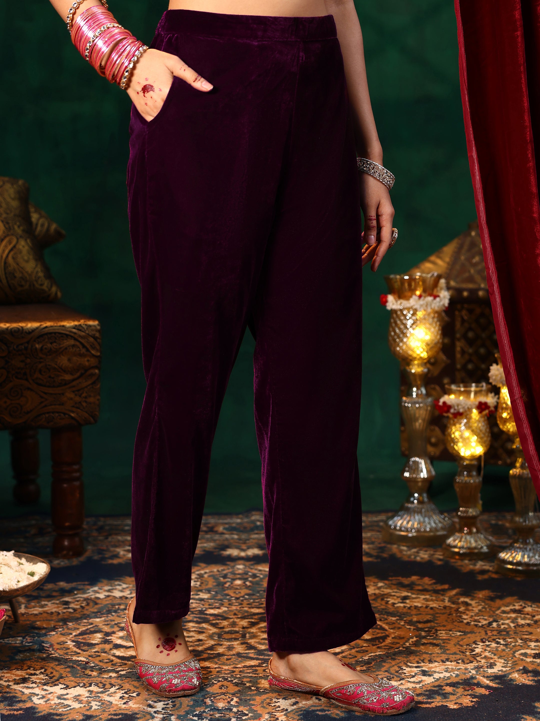 Burgundy Yoke Design Velvet Straight Suit With Dupatta