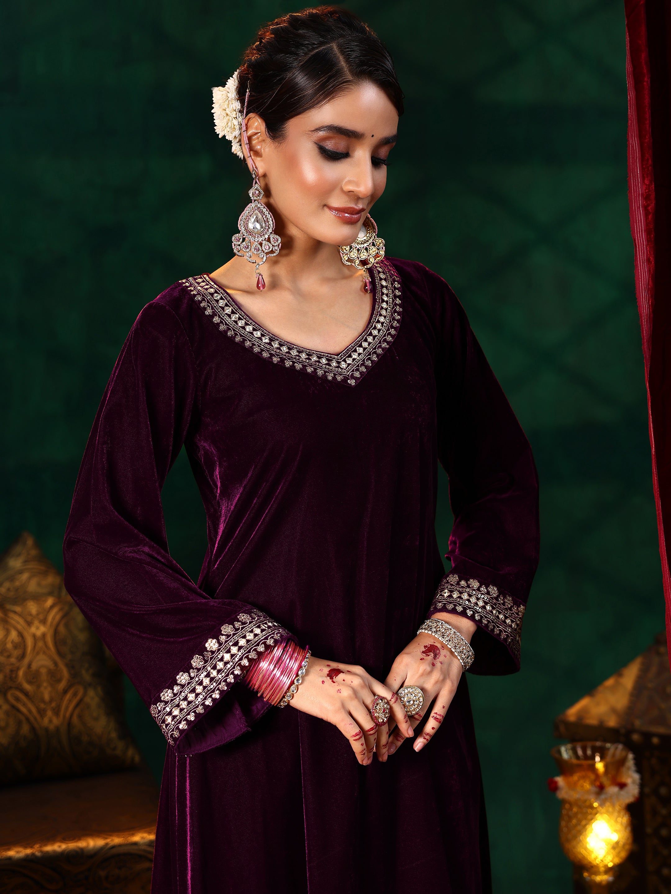 Burgundy Yoke Design Velvet Straight Suit With Dupatta