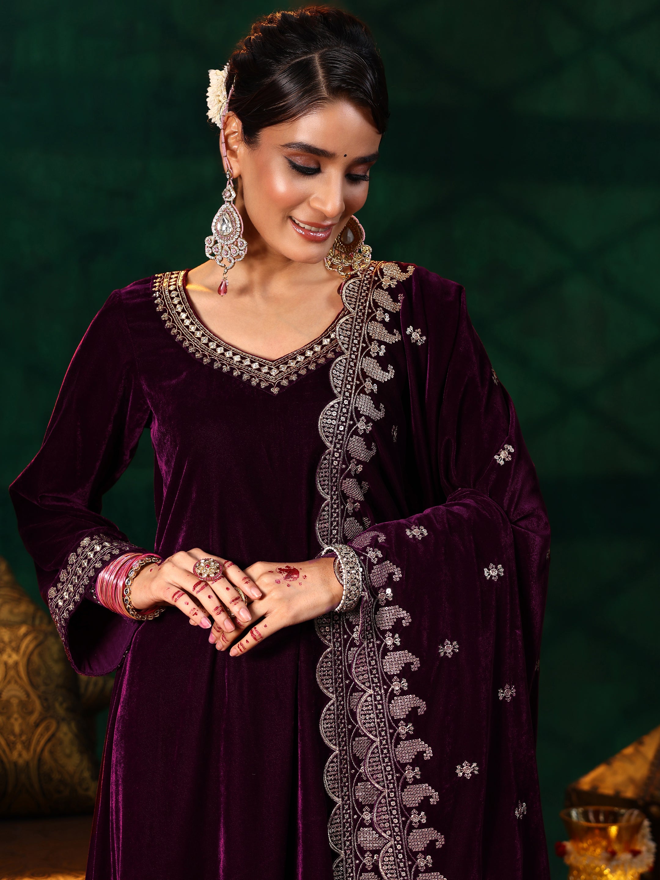 Burgundy Yoke Design Velvet Straight Suit With Dupatta