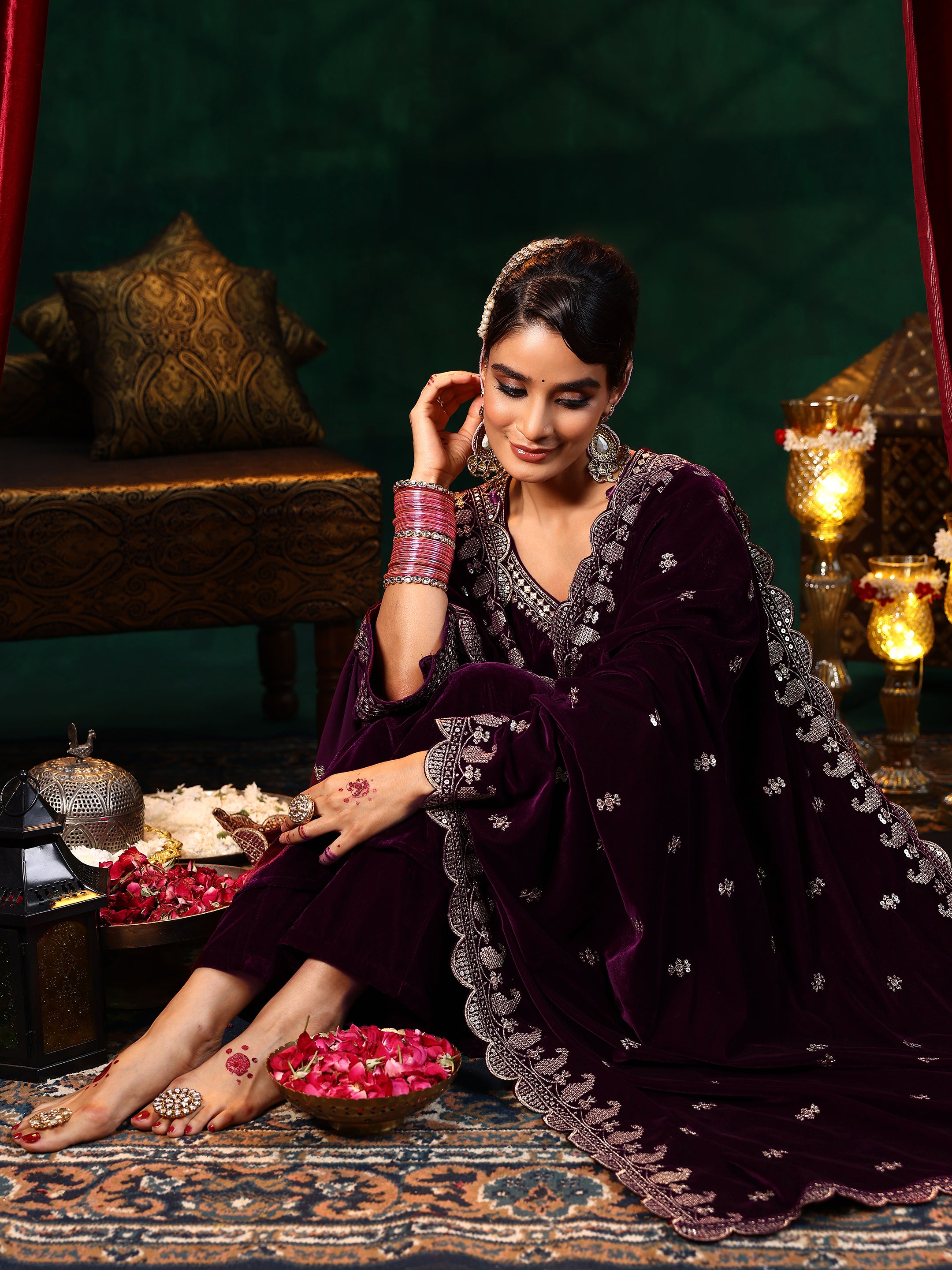 Burgundy Yoke Design Velvet Straight Suit With Dupatta