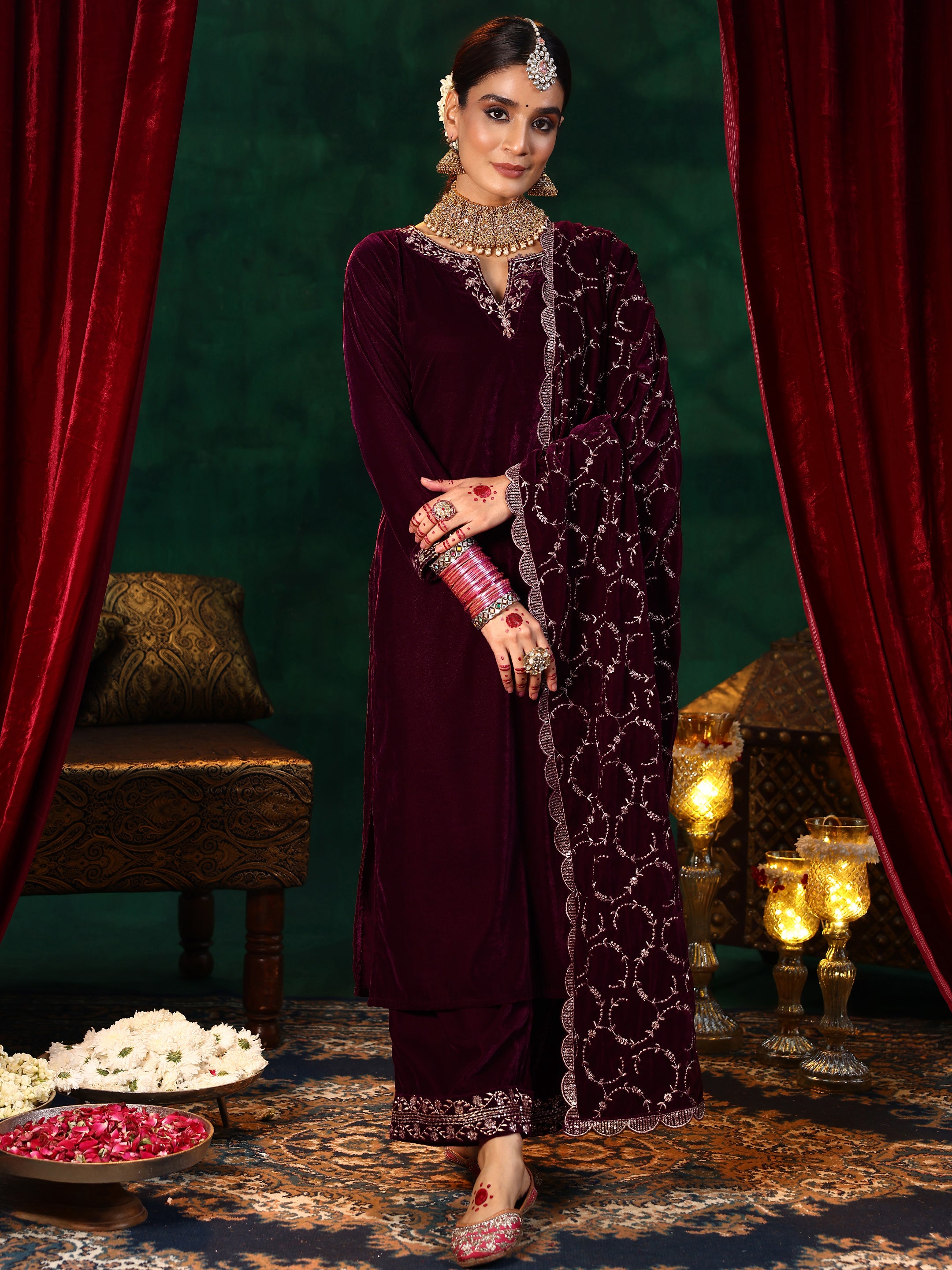 Maroon Yoke Design Velvet Straight Suit With Dupatta