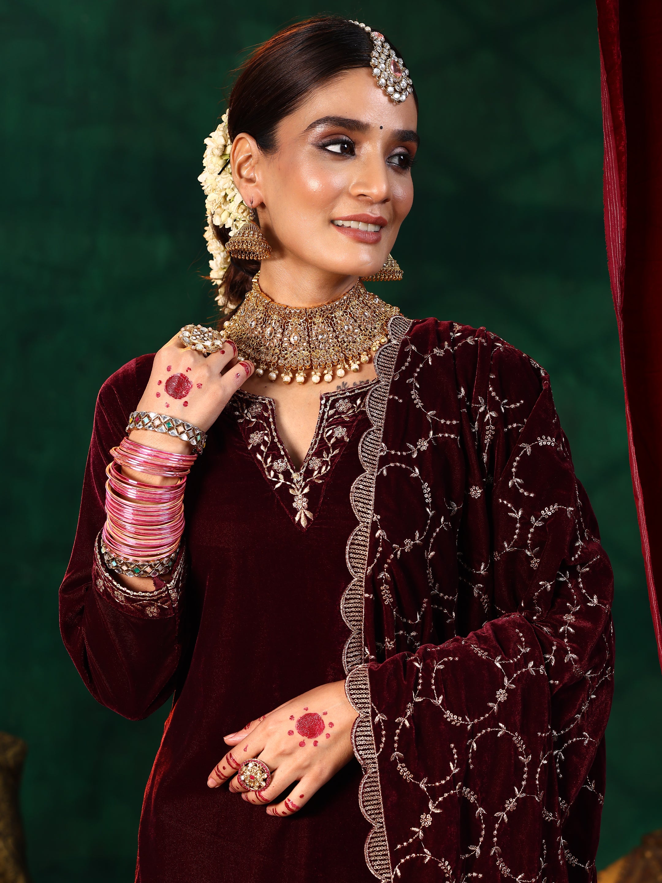 Maroon Yoke Design Velvet Straight Suit With Dupatta