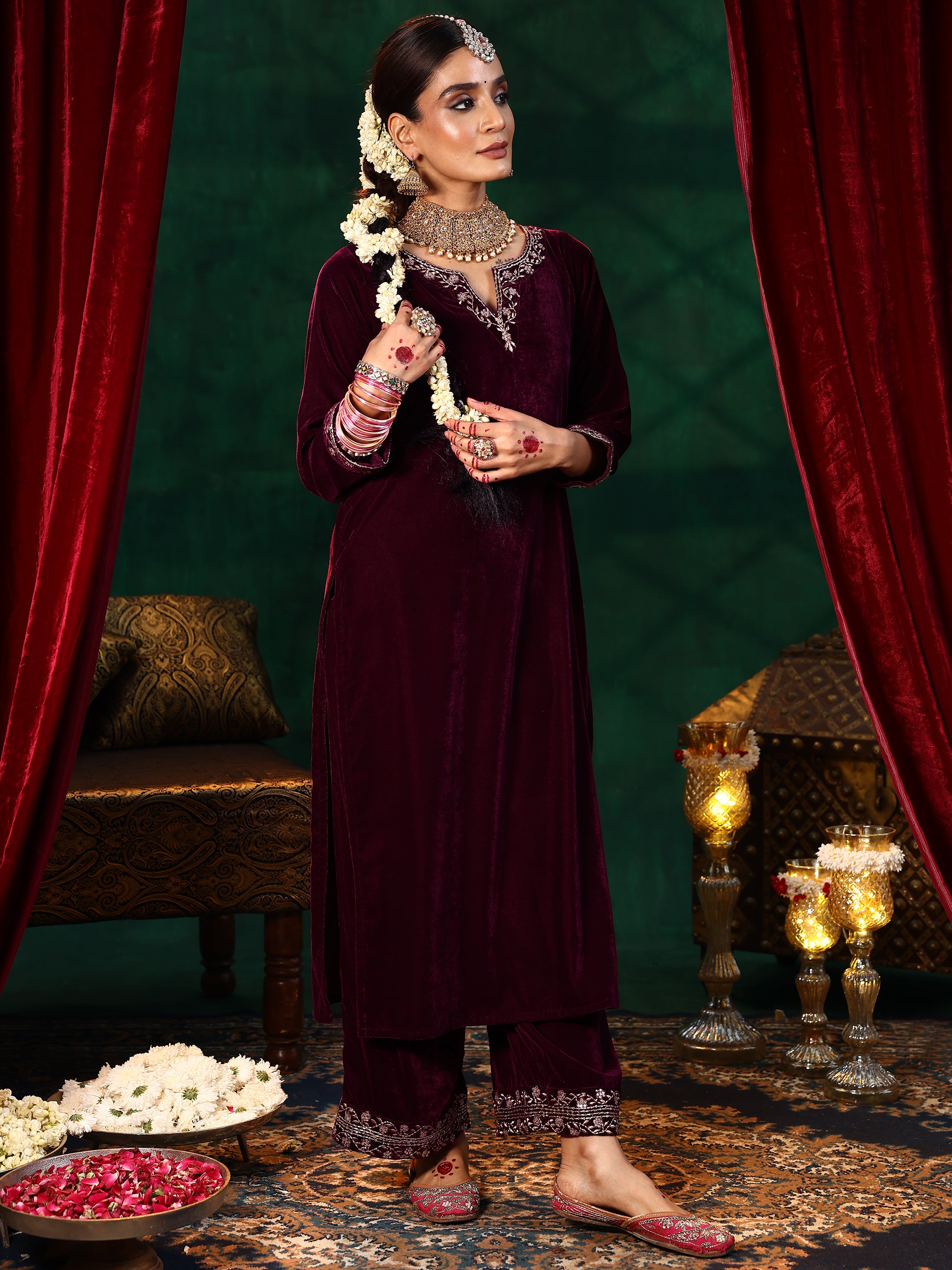 Maroon Yoke Design Velvet Straight Suit With Dupatta