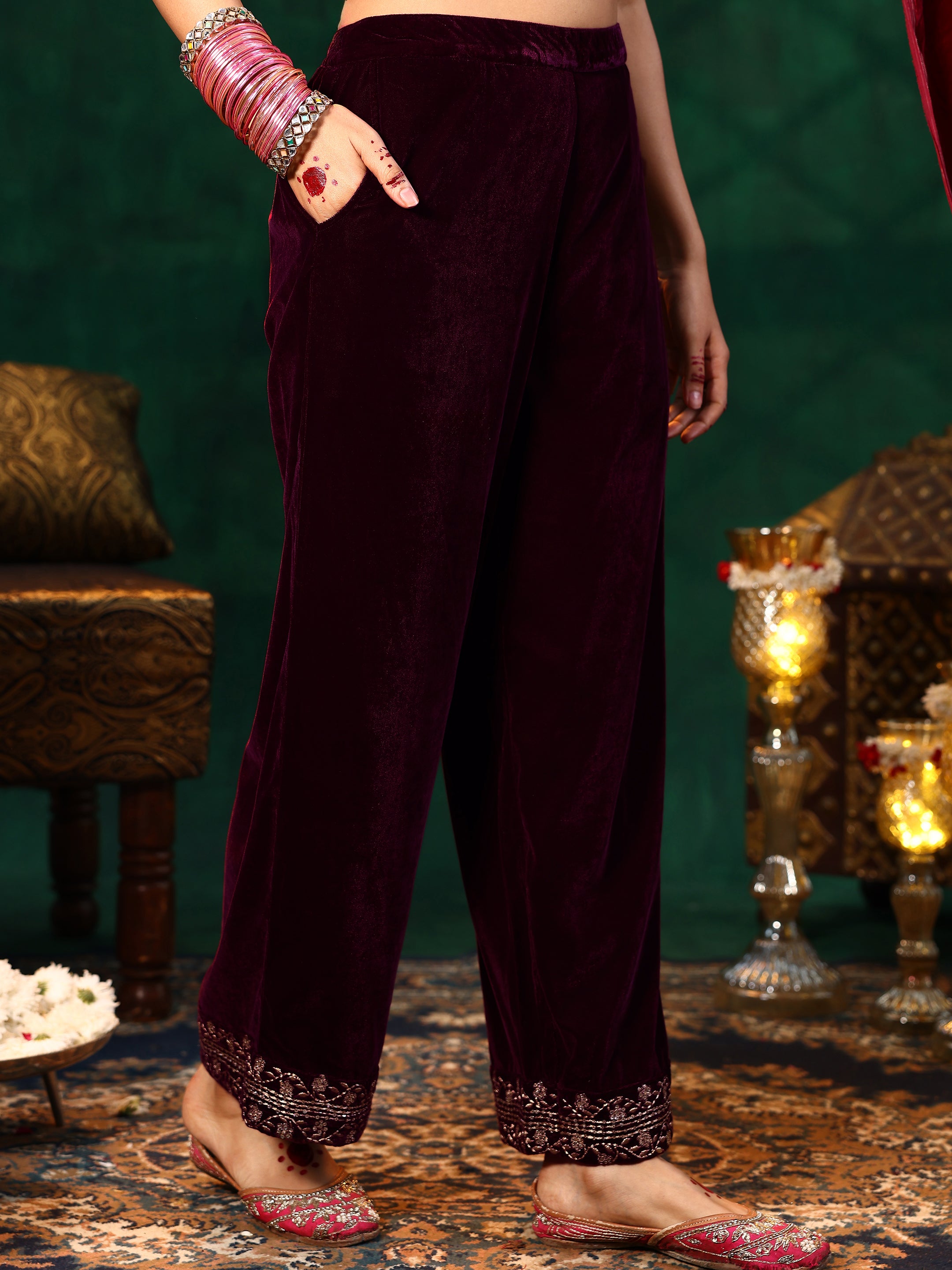 Maroon Yoke Design Velvet Straight Suit With Dupatta