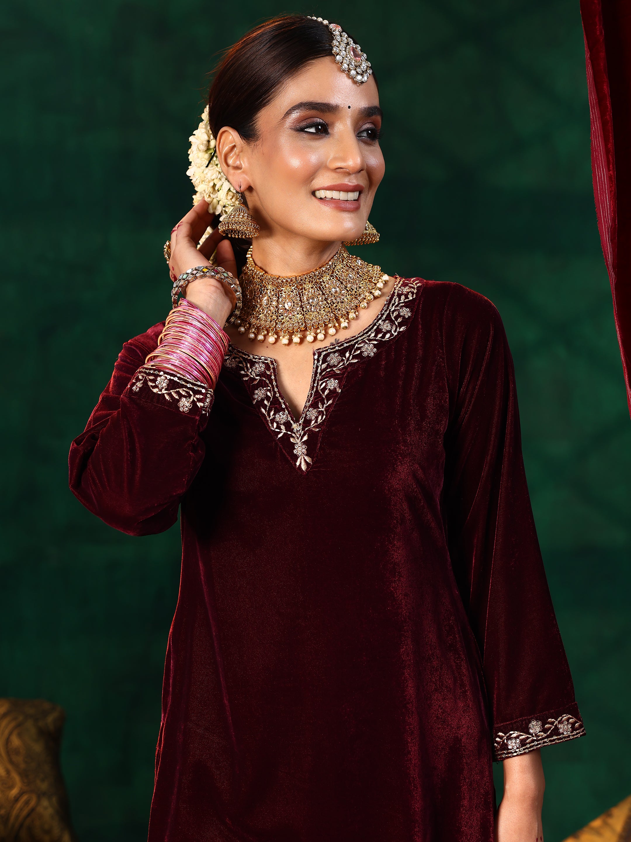 Maroon Yoke Design Velvet Straight Suit With Dupatta