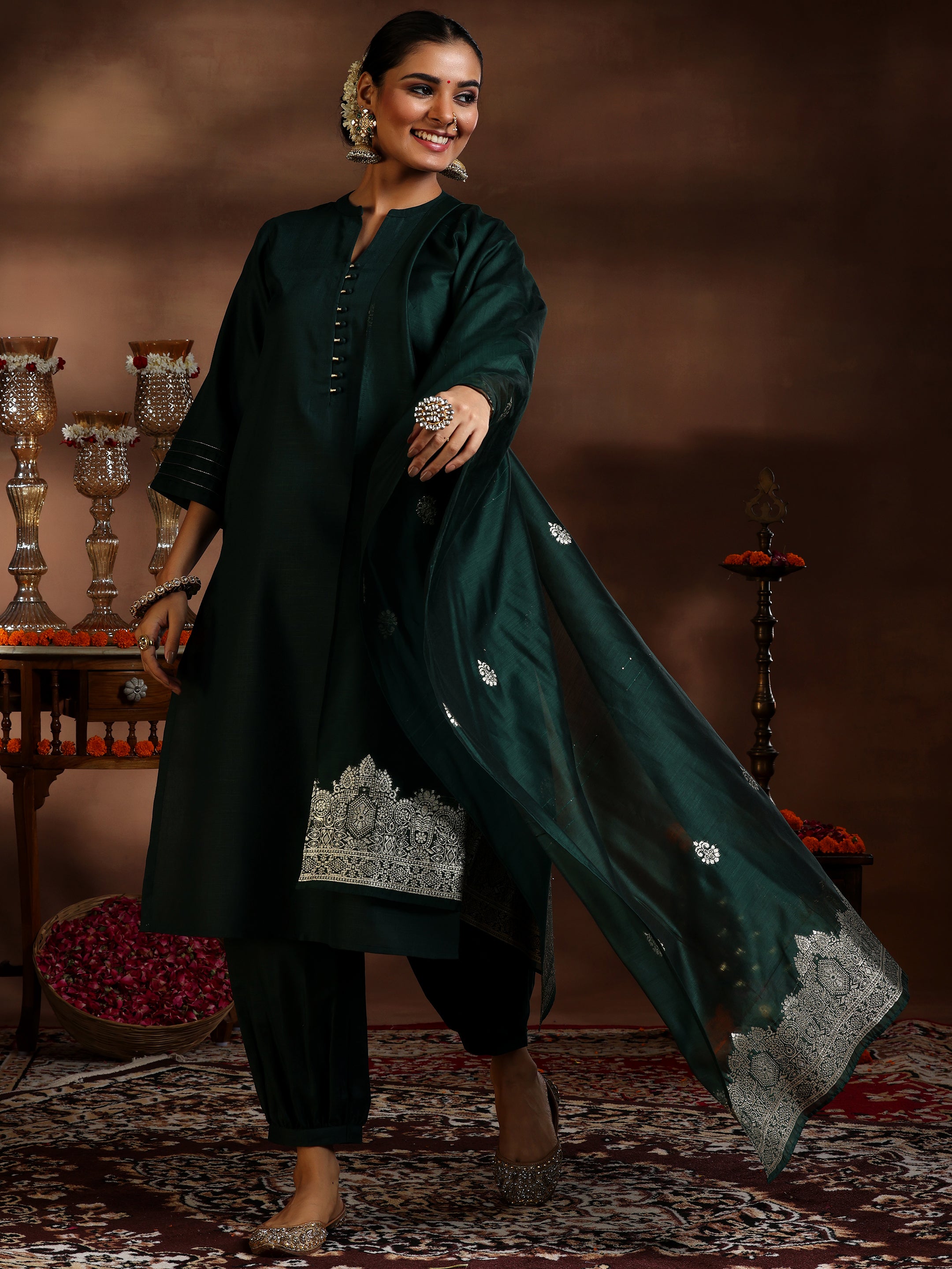 Green Solid Cotton Blend Straight Suit With Dupatta